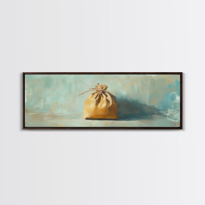 Small Burlap Drawstring Bag Canvas Print, Minimalist Wall Art, Rustic Home Decor, Neutral Still Life, Cozy Farmhouse Kitchen Art