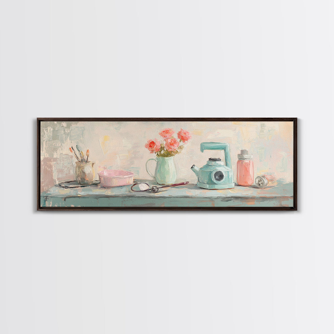 Pastel Vanity Shelf With Flowers Framed Canvas Print, Feminine Bathroom Wall Art, Beauty Room Decor, Gift For Her, Girly Decor
