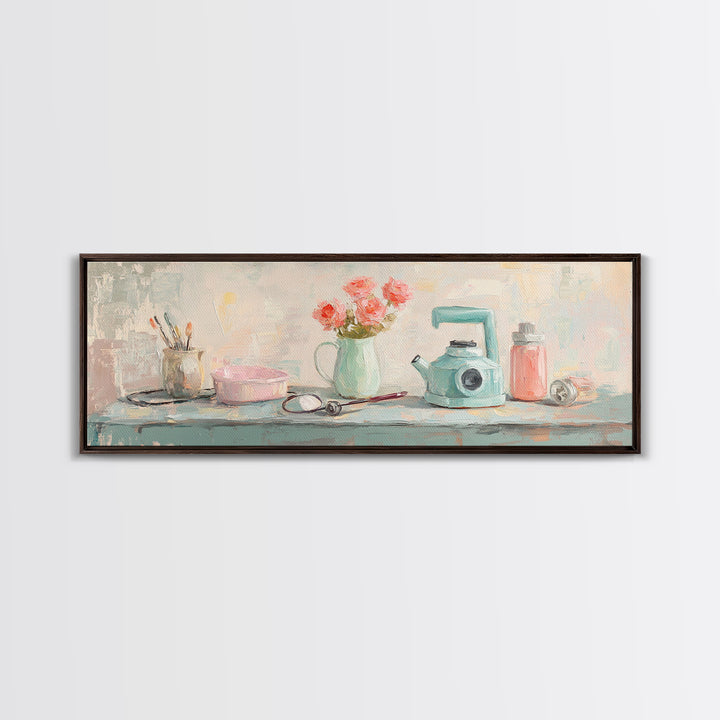 Pastel Vanity Shelf With Flowers Framed Canvas Print, Feminine Bathroom Wall Art, Beauty Room Decor, Gift For Her, Girly Decor