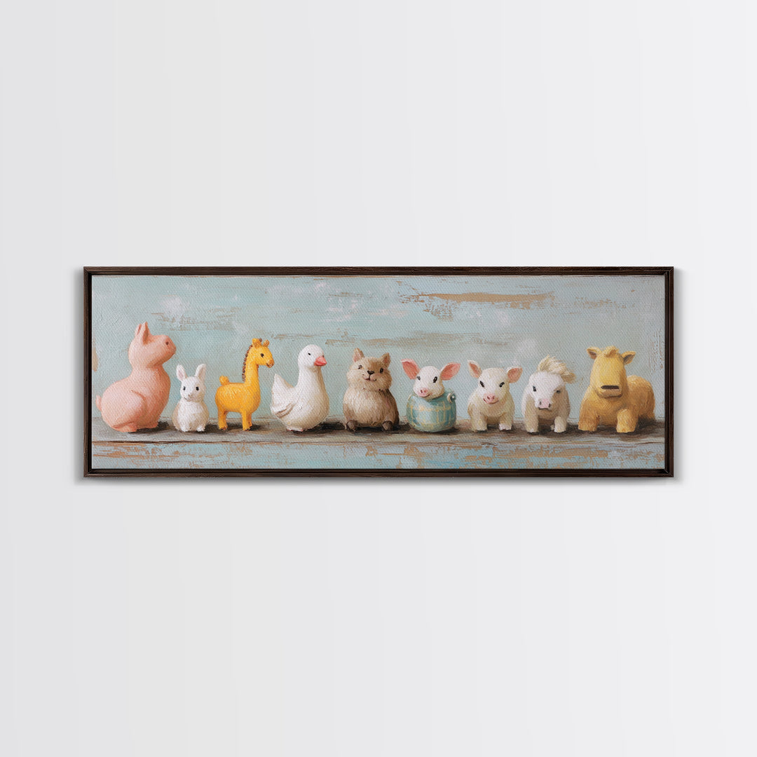Cute Toy Animal Lineup Canvas Print, Whimsical Nursery Wall Art, Kids Room Decor, Playroom Art, Baby Animal Gift For Her