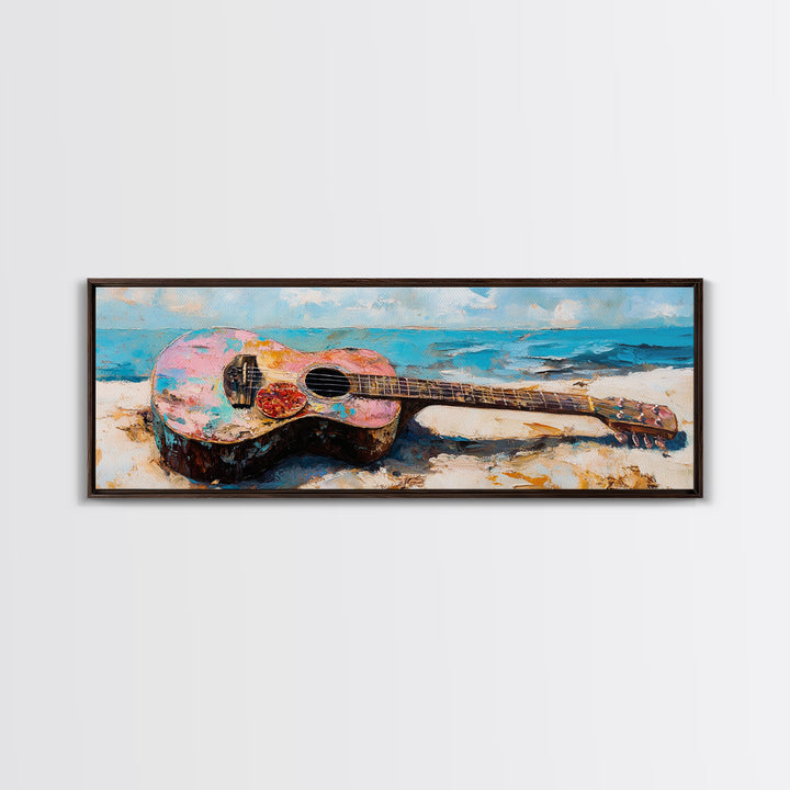 Weathered Acoustic Guitar On Beach Canvas Print, Coastal Wall Art, Music Room Decor, Ocean Art Print, Gift For Guitar Lover