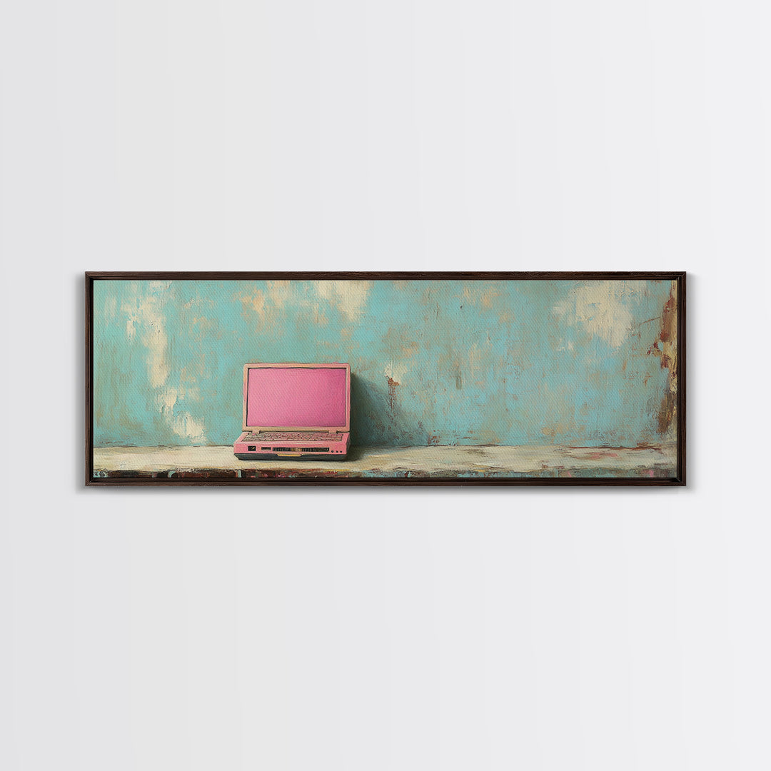 Pink Retro Laptop On Teal Shelf Wall Art, Minimalist Office Decor, Tech Art Print, Dorm Room Decor, Modern Wall Decor Gift
