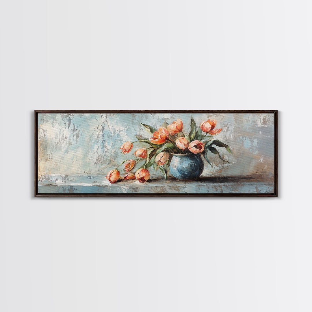 Orange Tulips In Blue Vase Framed Canvas Print, Rustic Floral Wall Art, Farmhouse Decor, Still Life Painting Gift For Her