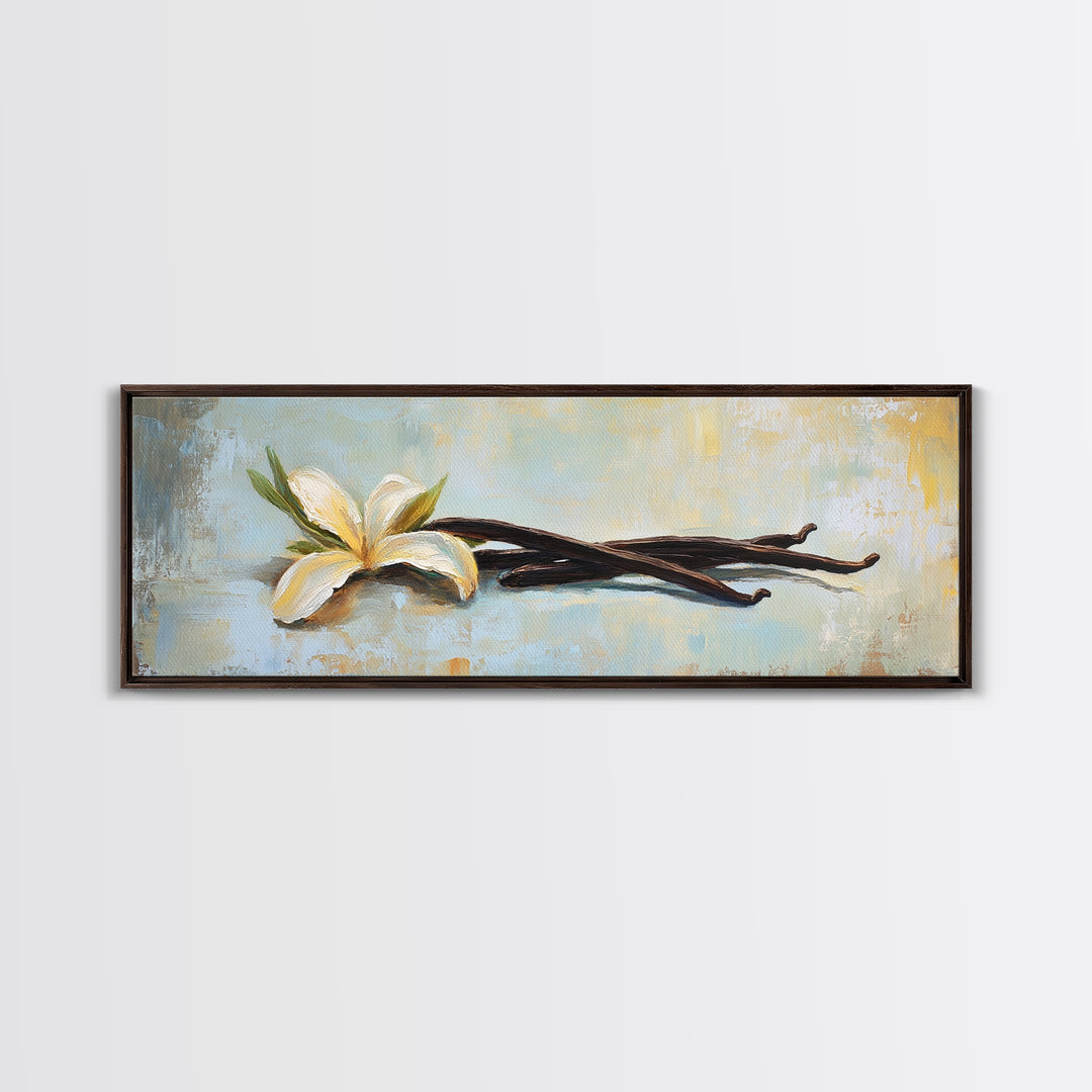 Vanilla Blossom And Bean Pods Framed Canvas Print, Kitchen Wall Art, Botanical Decor, Minimalist Food Art Print Gift For Her