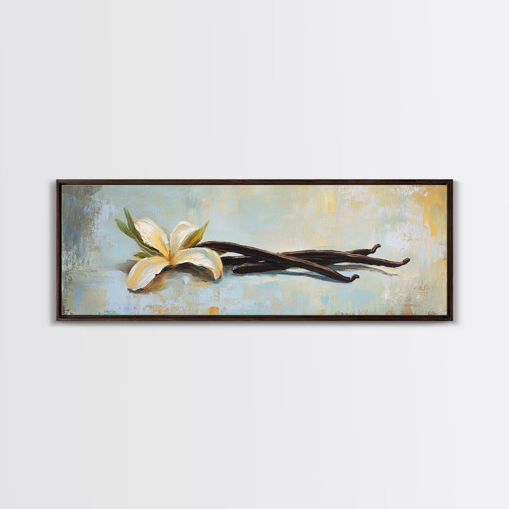 Vanilla Blossom And Bean Pods Framed Canvas Print, Kitchen Wall Art, Botanical Decor, Minimalist Food Art Print Gift For Her
