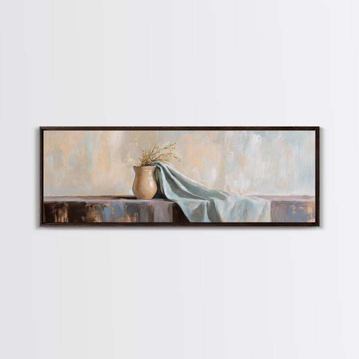 Beige Vase With Dried Grass And Blue Draped Cloth Wall Art, Wabi Sabi Canvas Print, Neutral Home Decor For Living Room Gift
