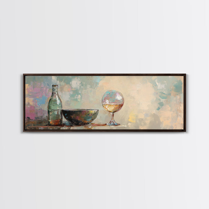 Bottle Bowl And Wine Glass Still Life Canvas Print, Modern Kitchen Wall Art, Dining Room Decor, Neutral Home Decor Gift For Her