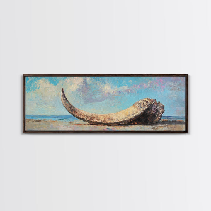 Weathered Ivory Tusk On Shore Canvas Print, Coastal Wall Art, Rustic Beach House Decor, Nautical Long Horizontal Living Room Art
