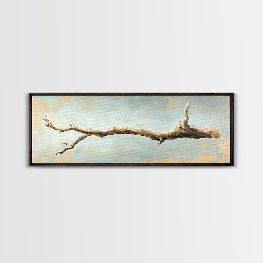 Bleached Driftwood Branch Framed Canvas Print, Rustic Coastal Wall Art, Minimalist Beach House Decor, Long Horizontal Art
