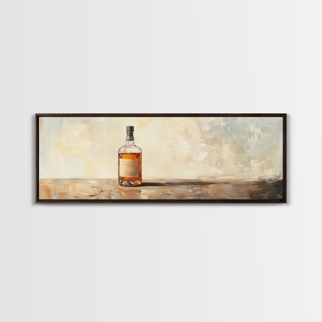 Amber Whiskey Bottle Still Life Framed Canvas Print, Bar Wall Art, Rustic Home Bar Decor, Masculine Man Cave Whiskey Lover Gift