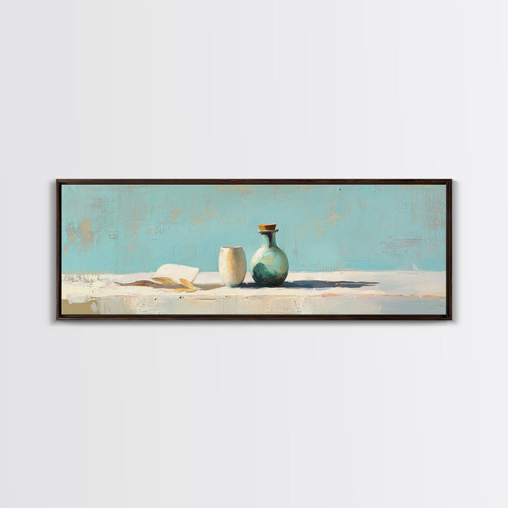 Turquoise Vase And Open Book Canvas Print, Minimalist Wall Art, Coastal Still Life Decor, Modern Japandi Living Room Art
