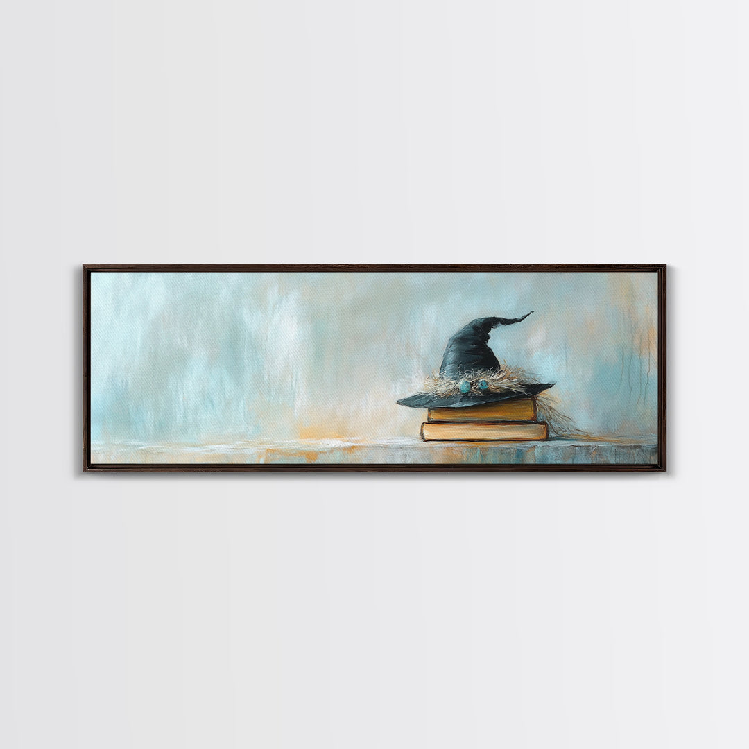 Witch Hat On Stacked Books Framed Canvas Print, Magical Library Wall Art, Dark Academia Decor, Book Lover Gift, Fantasy Art