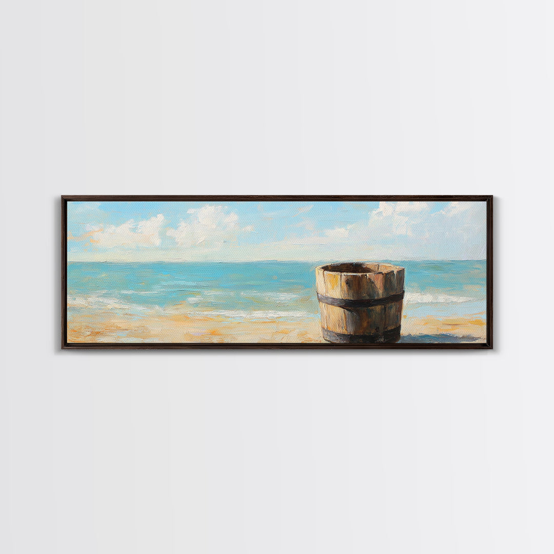 Weathered Barrel On Sunny Beach Wall Art, Coastal Home Decor, Ocean Painting, Nautical Print, Beach House Gift, Seascape Art