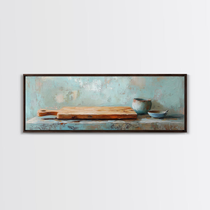 Wooden Cutting Board And Blue Pottery Wall Art, Rustic Kitchen Decor, Farmhouse Art Print, Still Life Painting, Home Decor