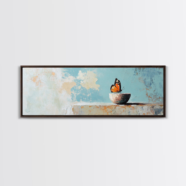 Orange Butterfly In Small Bowl Canvas Print, Blue Abstract Wall Art, Whimsical Animal Art, Modern Kitchen Decor Gift For Her