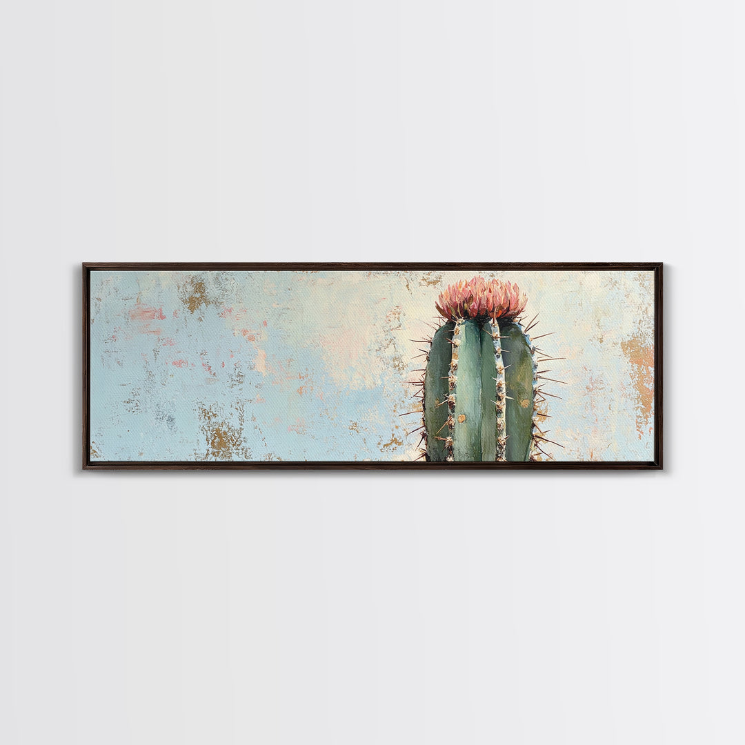 Tall Flowering Cactus Canvas Print, Minimalist Desert Wall Art, Southwestern Botanical Home Decor, Pink Cactus Gift For Her