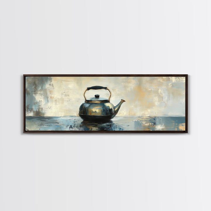 Black Tea Kettle Still Life Canvas Print, Rustic Kitchen Wall Art, Farmhouse Home Decor, Cozy Coffee Bar Gift For Tea Lovers