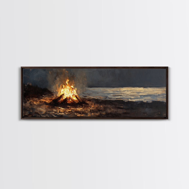 Moody Campfire By Dark Shore Wall Art, Rustic Cabin Canvas Print, Night Landscape Living Room Decor, Cozy Masculine Gift For Him