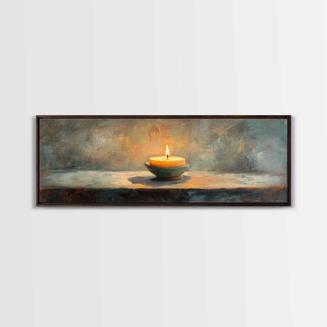 Glowing Candle Still Life Framed Canvas Print, Moody Wall Decor, Meditation Room Art, Rustic Home Decor, Calming Housewarming Gift
