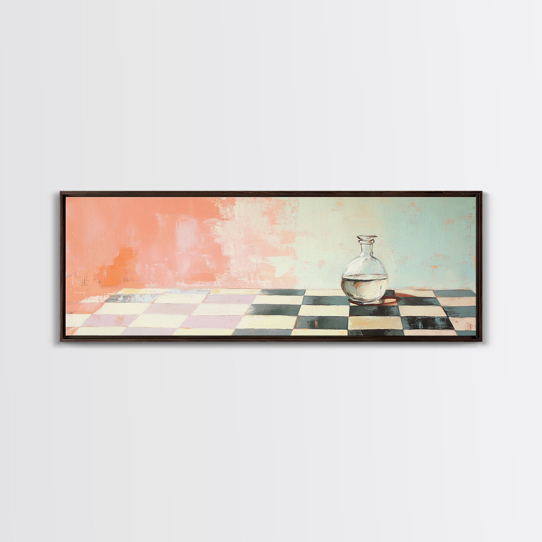 Minimal Glass Bottle On Checkered Table Canvas Print, Pastel Kitchen Wall Art, Modern Minimalist Dining Room Home Decor Print