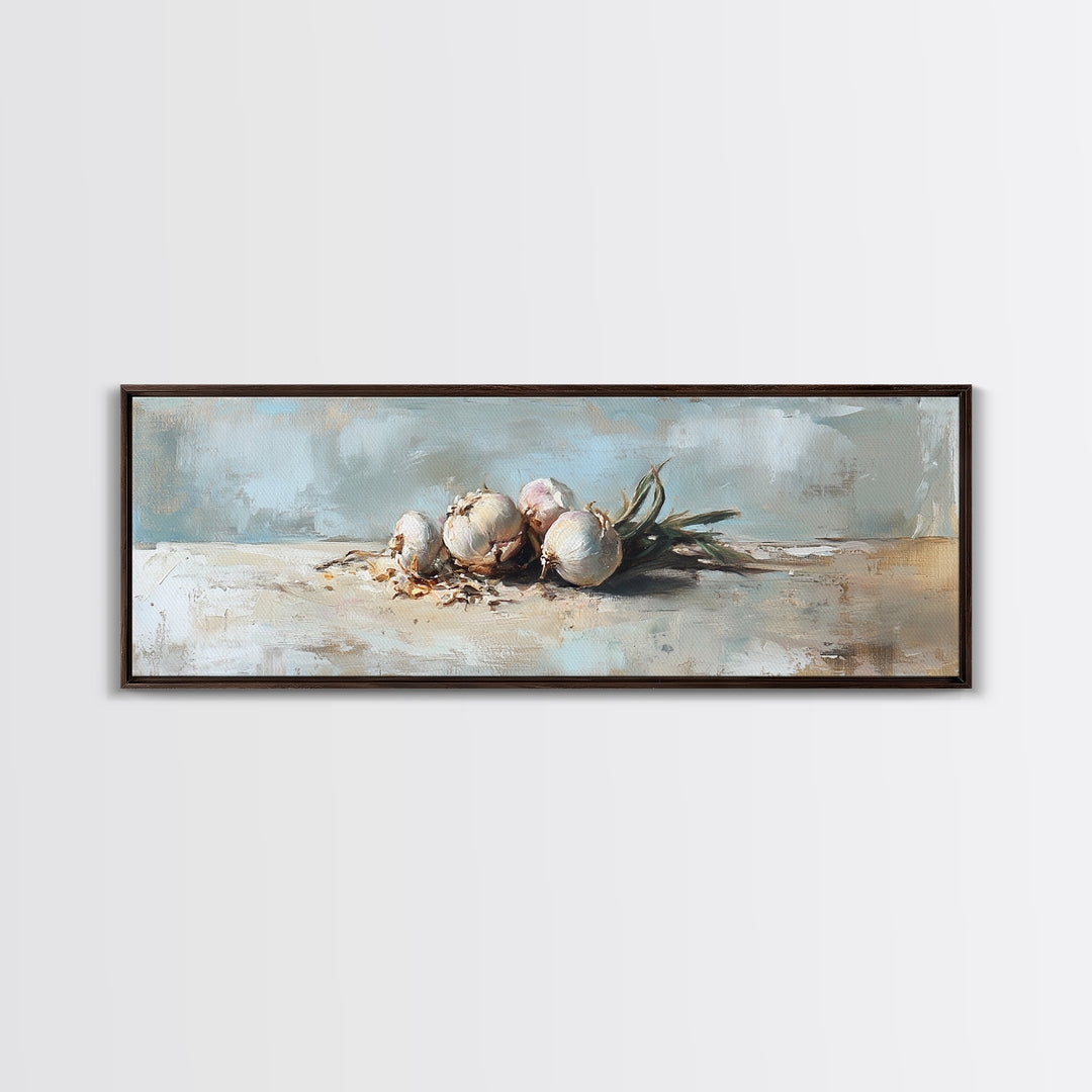 Rustic Garlic Bulbs Still Life Canvas Print, Kitchen Wall Art, Farmhouse Decor, Food Illustration, Culinary Home Decor Gift