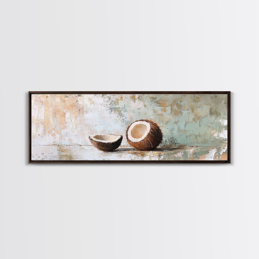 Cracked Coconut Still Life Canvas Print, Tropical Kitchen Wall Art, Coastal Decor, Beach House Decor, Food Illustration Print