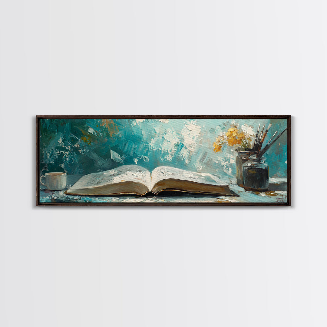 Open Book Still Life Wall Art, Cozy Reading Nook Decor, Library Art Print, Book Lover Gift, Teal Impasto Canvas For Living Room Home Decor