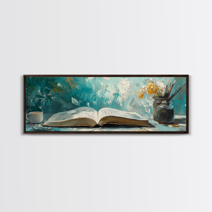 Open Book Still Life Wall Art, Cozy Reading Nook Decor, Library Art Print, Book Lover Gift, Teal Impasto Canvas For Living Room Home Decor