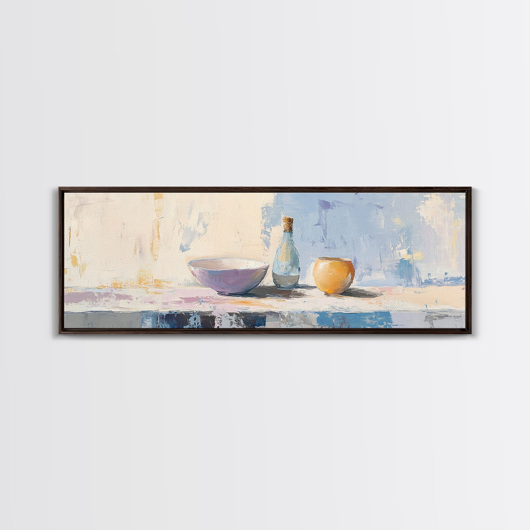 Pastel Bowl Bottle And Orange Canvas Print, Minimalist Kitchen Wall Art, Still Life Painting, Dining Room Decor Gift For Her
