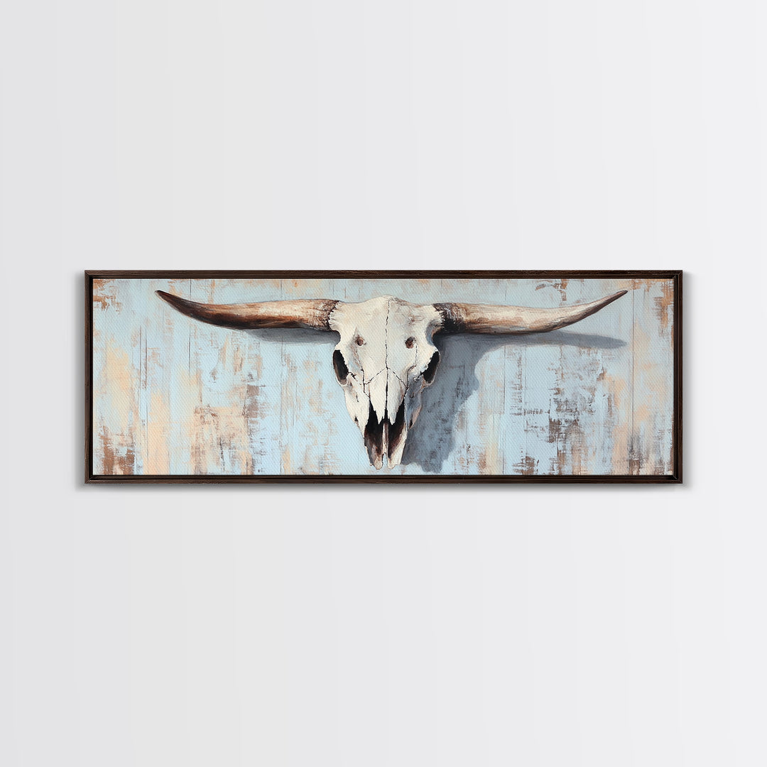 Longhorn Skull On Rustic Blue Wall Art, Western Cowboy Decor, Southwestern Farmhouse, Large Horizontal Ranch Housewarming Gift