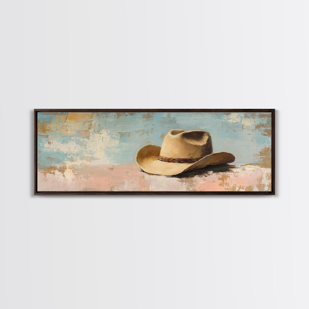 Tan Cowboy Hat On Pastel Blue Canvas Print, Western Wall Art, Rustic Ranch Decor, Southwestern Farmhouse, Neutral Bedroom Decor
