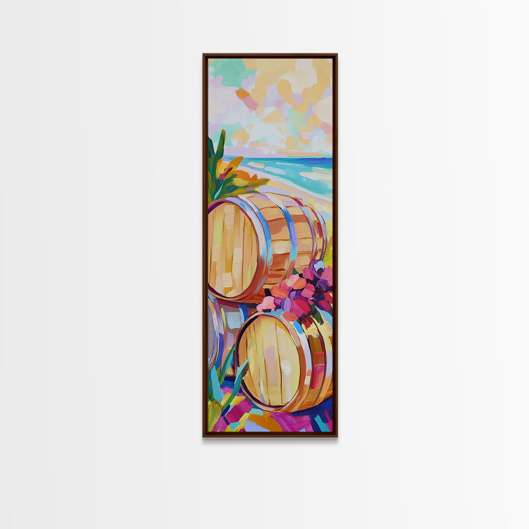 Sunlit Wine Barrels By Turquoise Beach Canvas Print, Coastal Wall Art, Winery Decor, Beach House Decor, Kitchen Art, Dining Room Print