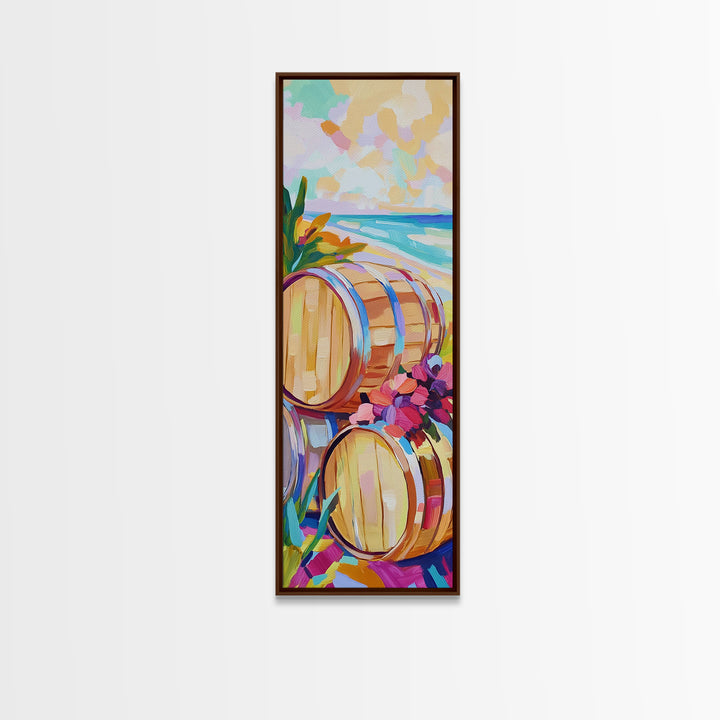 Sunlit Wine Barrels By Turquoise Beach Canvas Print, Coastal Wall Art, Winery Decor, Beach House Decor, Kitchen Art, Dining Room Print