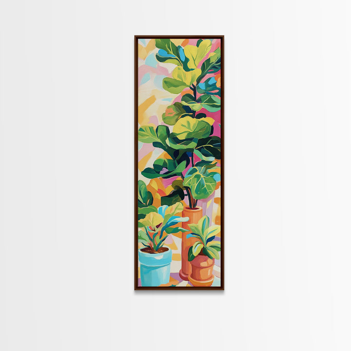 Potted Fiddle Leaf Plants Framed Canvas Print, Botanical Wall Art, Colorful Boho Home Decor, Plant Lover Housewarming Gift