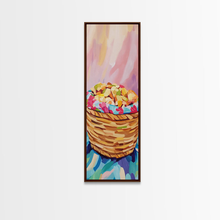 Woven Basket Of Colorful Sweets Canvas Print, Pastel Kitchen Wall Art, Bakery Decor, Cute Food Art Print, Housewarming Gift