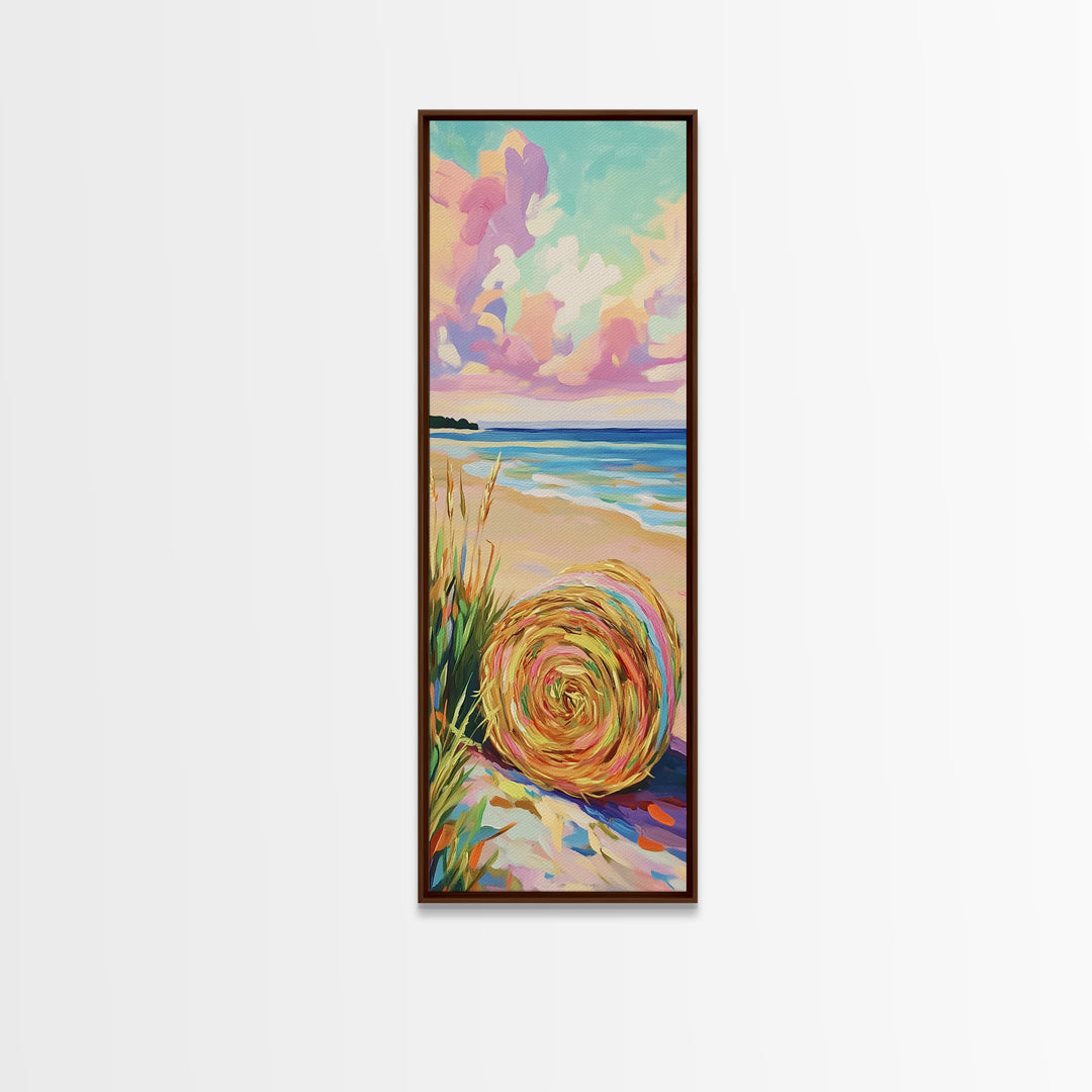 Pastel Beach Hat By The Ocean Canvas Print, Coastal Wall Art, Summer Beach House Decor, Serene Seascape Art Print, Wall Decor