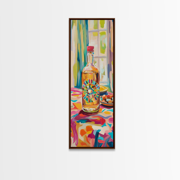 Colorful Tequila Bottle And Citrus Canvas Print, Mediterranean Kitchen Wall Art, Bar Cart Decor, Bright Dining Room Gift