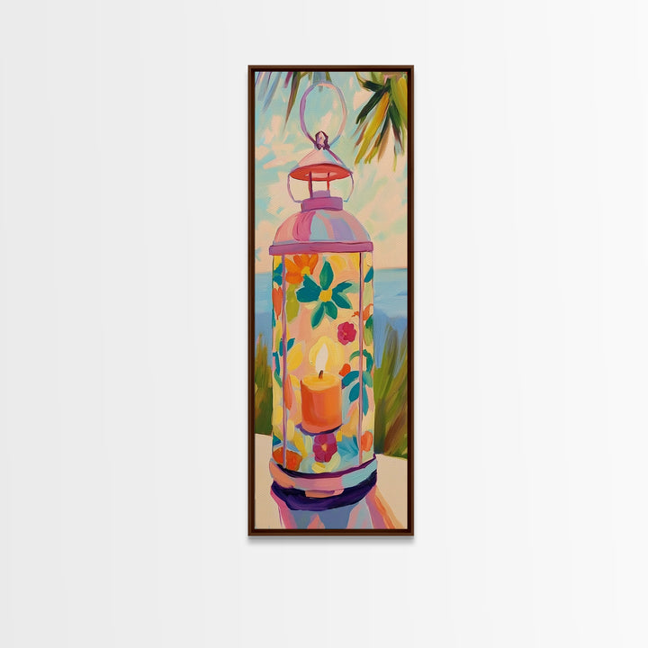 Pink Floral Candle Lantern Canvas Print, Coastal Wall Art, Tropical Beach House Decor, Bright Summer Patio Art For Living Room