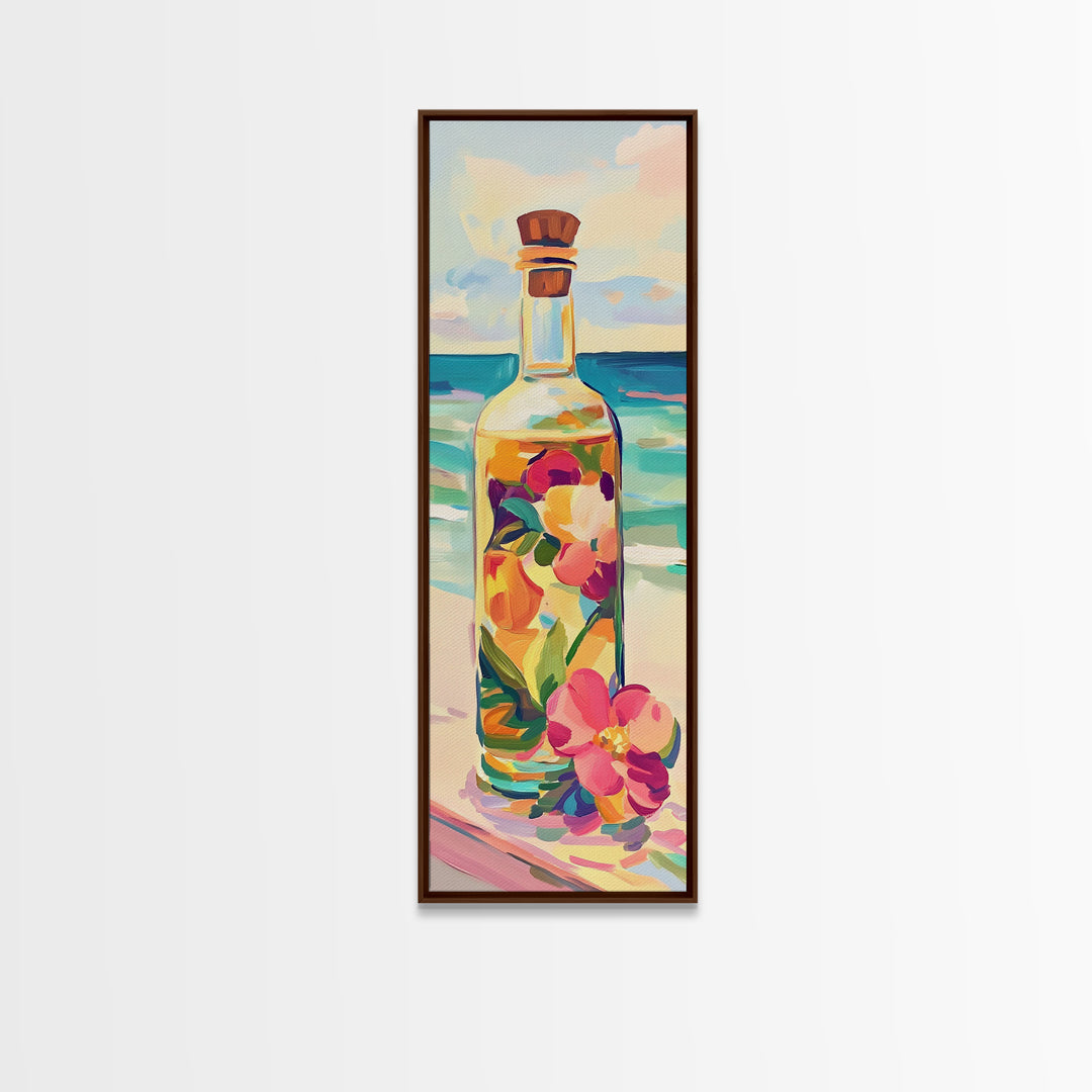 Floral Glass Bottle By Turquoise Sea Wall Art, Coastal Kitchen Decor, Beach House Art Print, Tropical Flowers Canvas Print