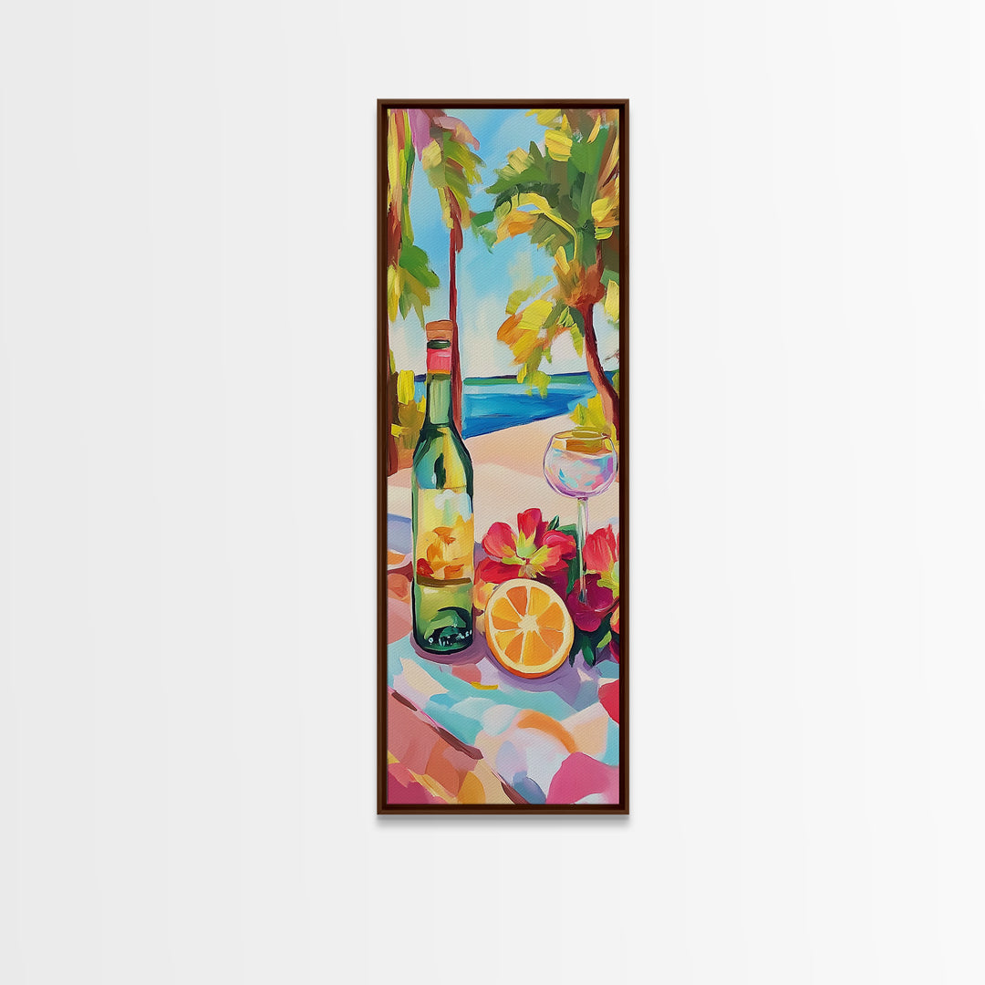 Tropical Wine Bottle And Citrus Still Life Wall Art, Beach House Decor, Coastal Kitchen Art, Summer Bar Cart Canvas Print