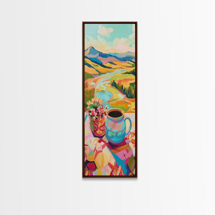 Mountain Valley Coffee Mug Landscape Wall Art, Colorful Nature Painting, Cozy Kitchen Decor, Housewarming Gift Canvas Print