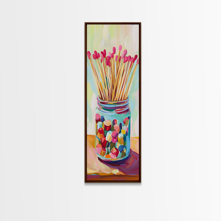 Colorful Matchstick Jar Canvas Print, Whimsical Kitchen Wall Art, Bright Still Life Painting, Fun Eclectic Home Decor Gift