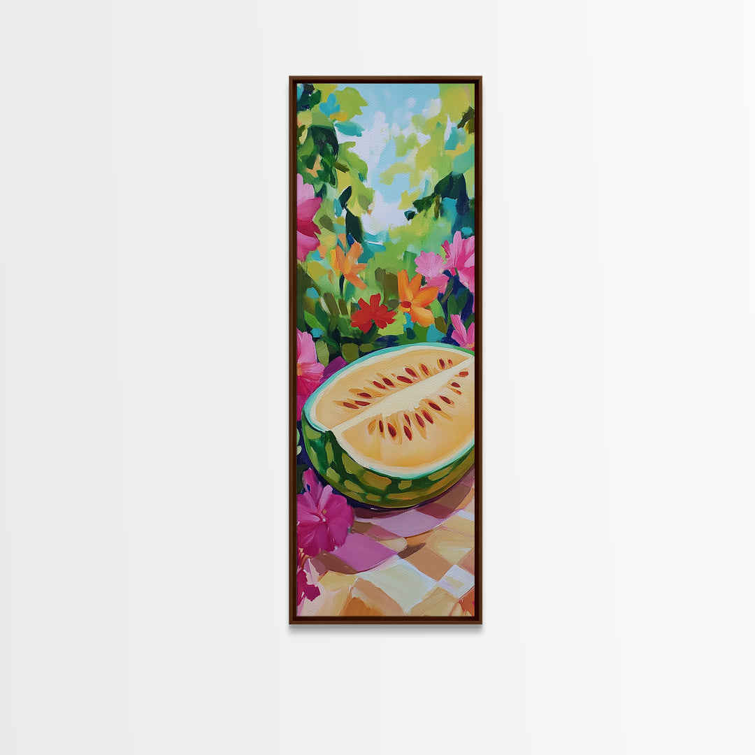 Sunlit Melon Slice In Garden Wall Art, Colorful Fruit Canvas Print, Tropical Kitchen Decor, Whimsical Summer Art Print Gift