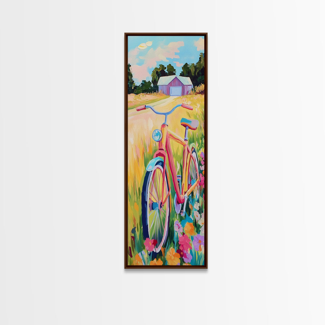 Pink Bicycle In Wildflower Meadow Wall Art, Rustic Country Canvas Print, Farmhouse Decor, Summer Landscape Art Gift For Her