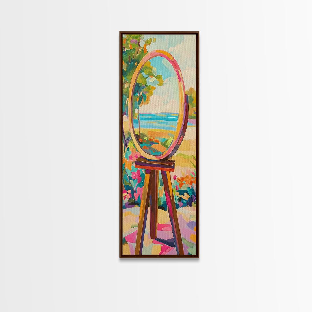Oval Mirror By The Sea Wall Art, Coastal Garden Canvas Print For Bathroom Decor, Beach House Decor, Feminine Wall Decor, Home Decor