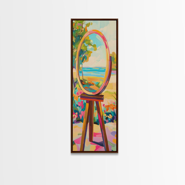 Oval Mirror By The Sea Wall Art, Coastal Garden Canvas Print For Bathroom Decor, Beach House Decor, Feminine Wall Decor, Home Decor