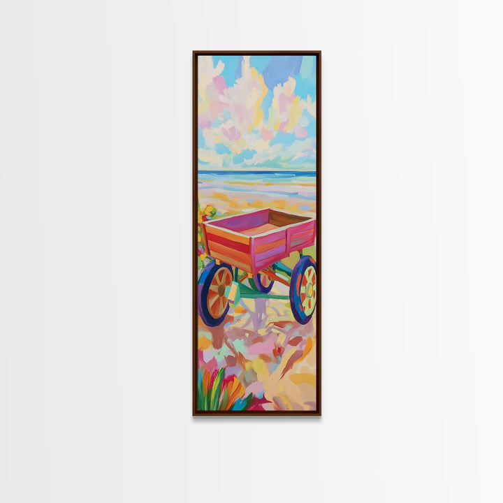 Red Beach Wagon At Shore Canvas Print, Coastal Wall Art, Summer Beach House Room Decor, Nautical Nursery Art, Gift For Kids