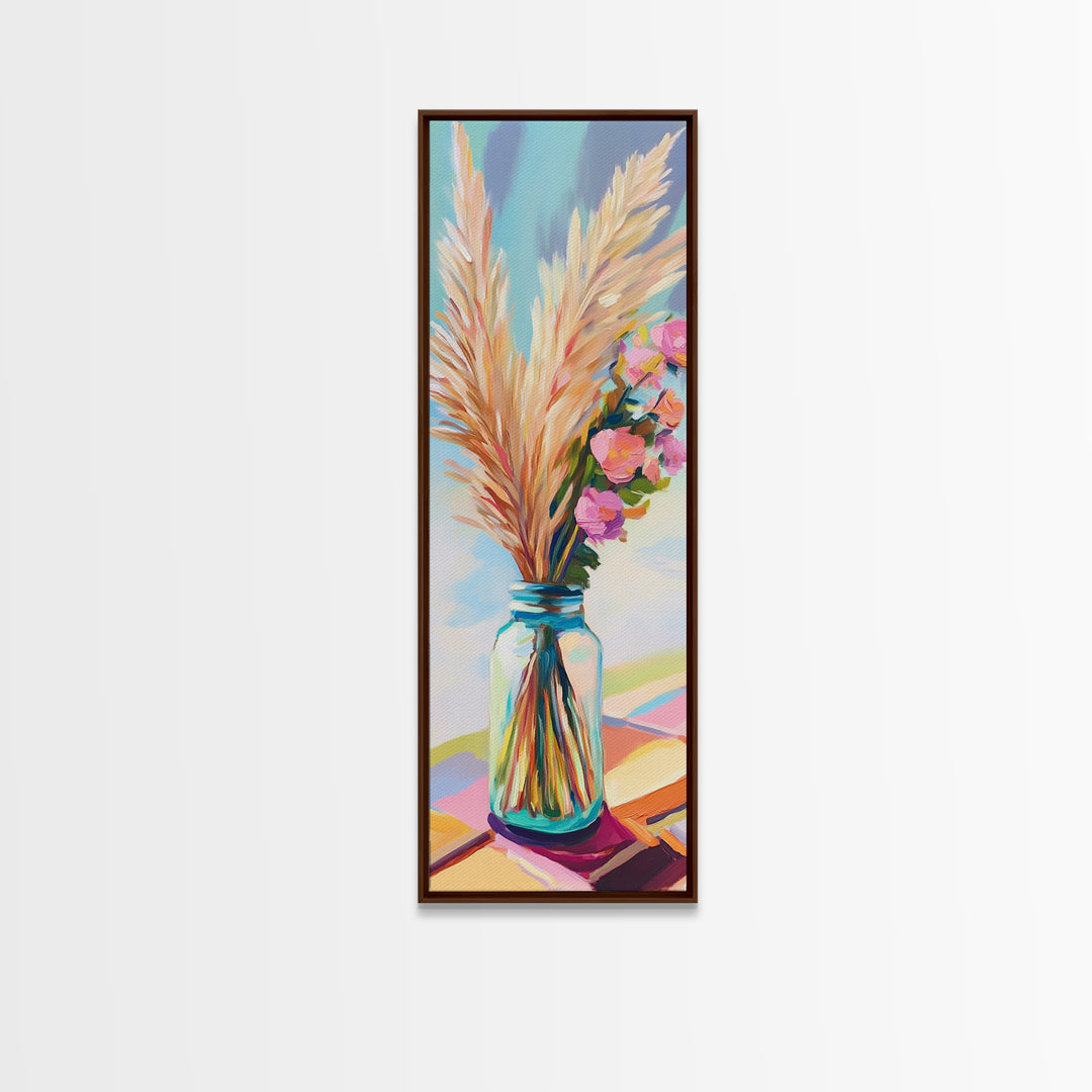Pampas Grass In Blue Mason Jar Canvas Print, Boho Floral Wall Art, Neutral Home Decor, Rustic Bedroom Decor, Gift For Her