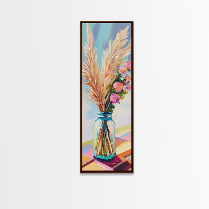 Pampas Grass In Blue Mason Jar Canvas Print, Boho Floral Wall Art, Neutral Home Decor, Rustic Bedroom Decor, Gift For Her