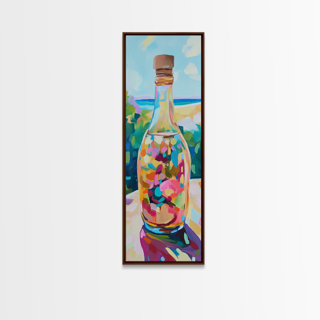Colorful Sea Glass Bottle On Sunny Beach Wall Art, Coastal Canvas Wall Art, Beach House Decor, Vibrant Kitchen Art Print